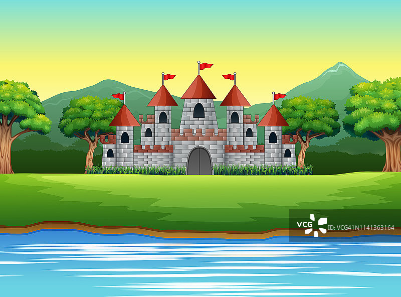 有城堡和池塘的自然景观图片素材