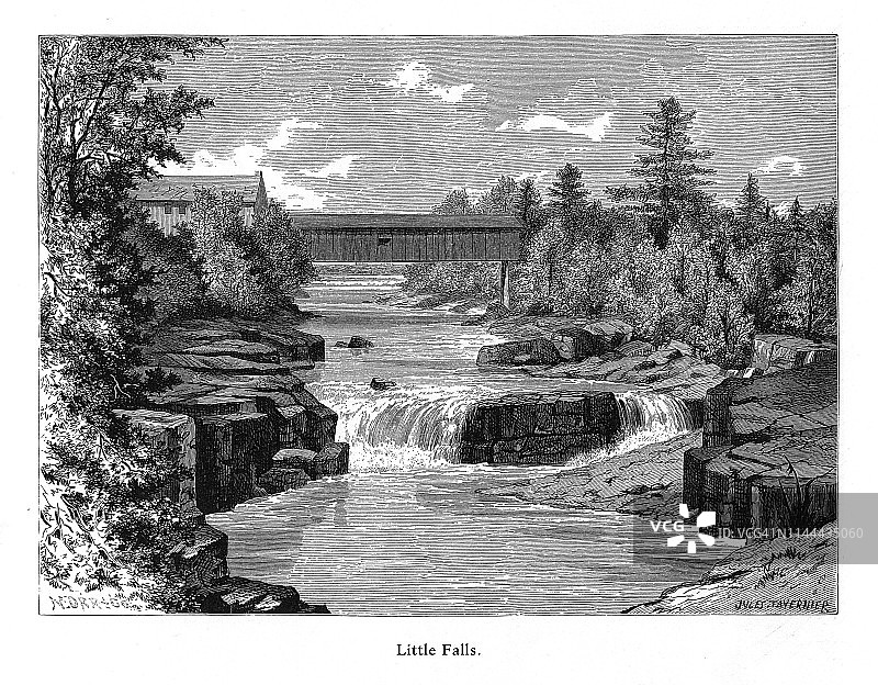 美国新泽西州Passiac河上的小瀑布，美国维多利亚版画，1872年图片素材