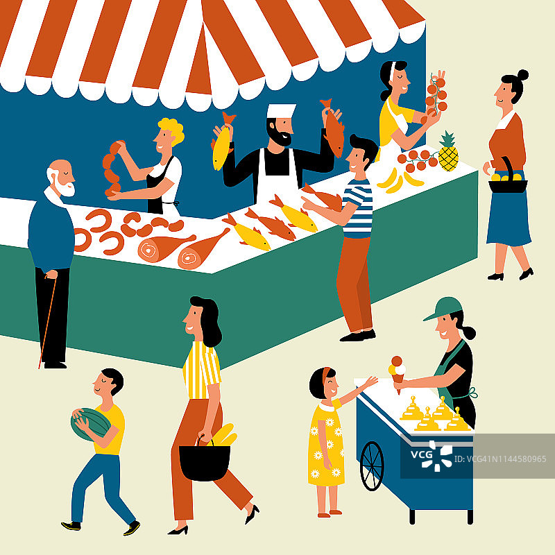 季节性户外市场，街头美食节。市场上的买家和卖家。卡通矢量平面插图。图片素材