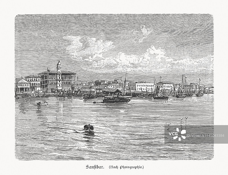 坦桑尼亚温古加的桑给巴尔城的历史观，木版画，出版于1897年图片素材