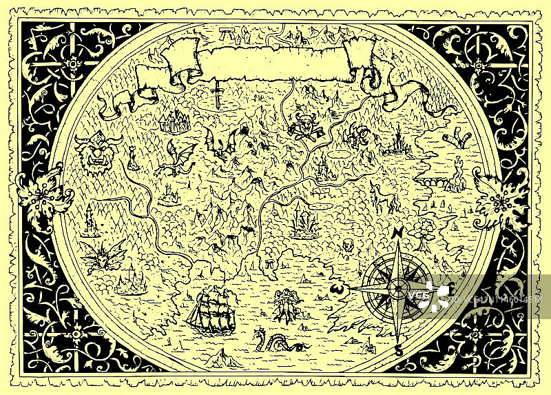 矢量地图的幻想土地与海盗，指南针，龙，美人鱼和地精。图片素材
