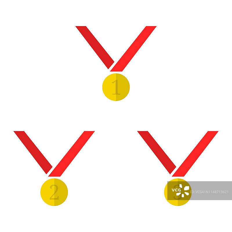 一套金色的奖章图标孤立在白色的背景。第一，第二，第三名。扁平金奖优胜者。干净和现代矢量插图的设计，网页。图片素材