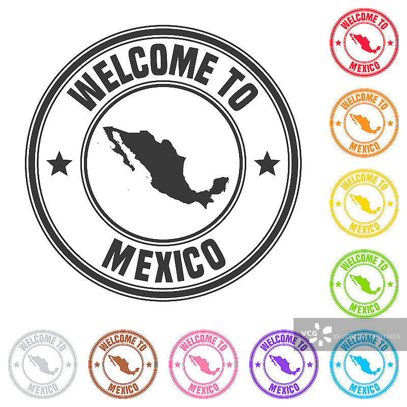 欢迎来到墨西哥邮票-彩色徽章上的白色背景图片素材