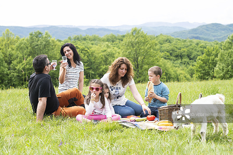 快乐的朋友与孩子们户外野餐。图片素材
