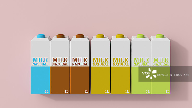3D渲染，排牛奶盒在不同的颜色图片素材