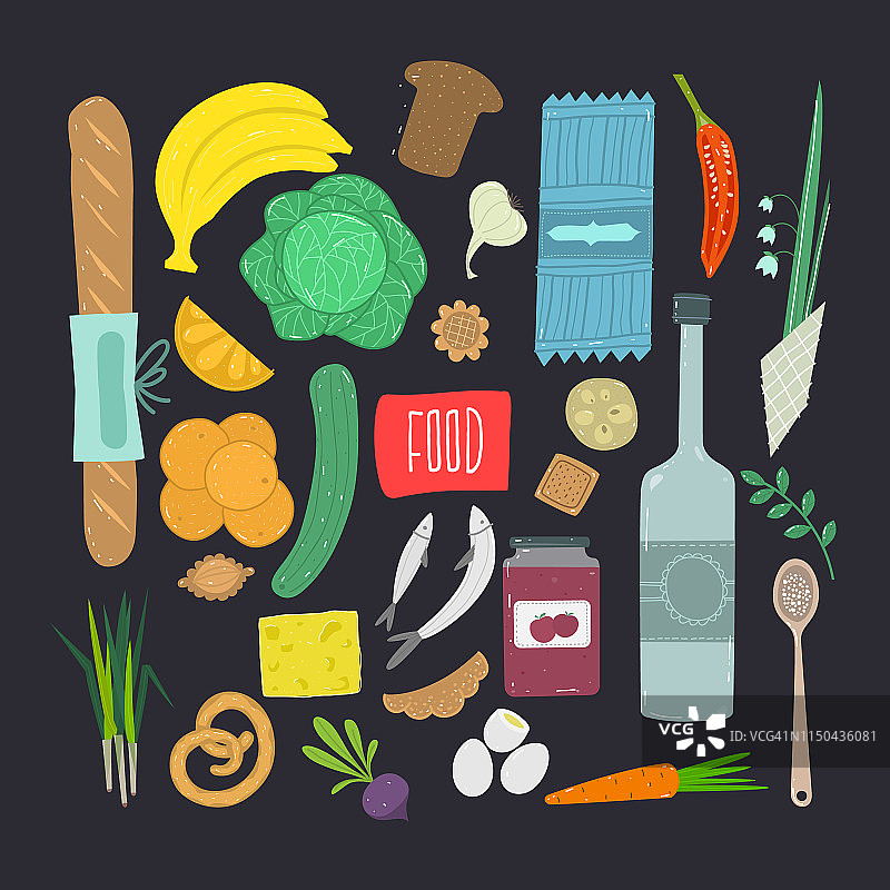 食物。手绘健康食品配料及字体。矢量插图。图片素材