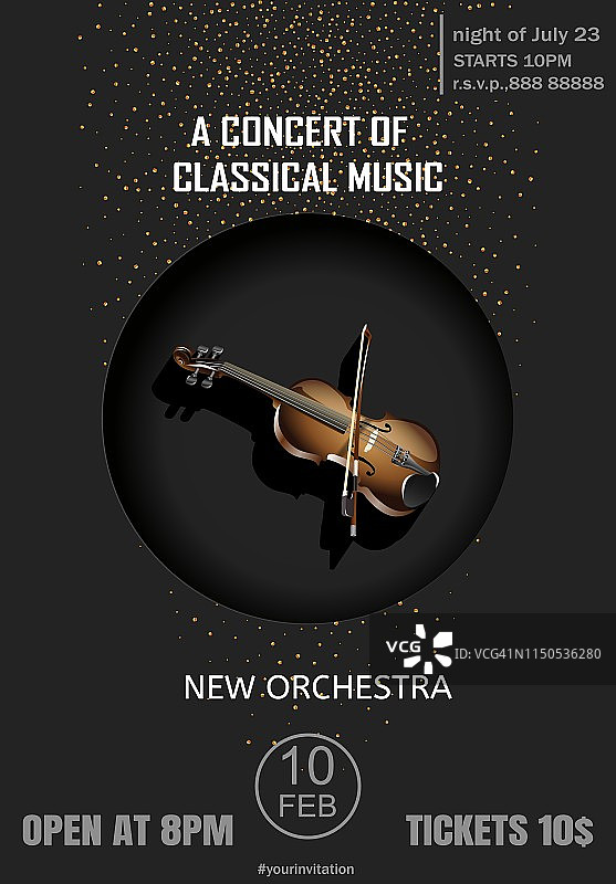 矢量海报为古典音乐音乐会与小提琴在黑色的背景。图片素材