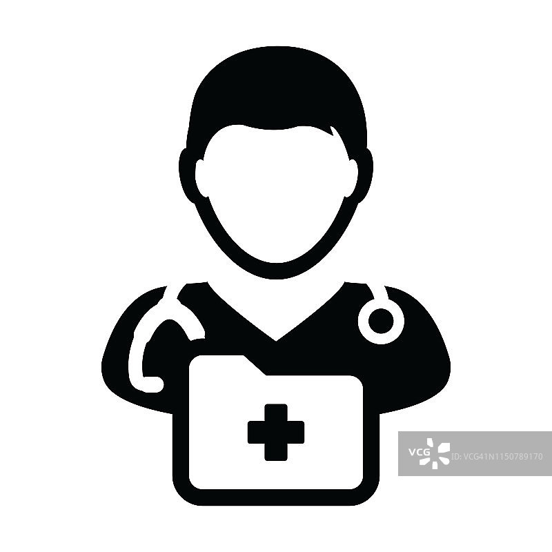 护士图标矢量男性个人资料头像与听诊器和医疗报告文件夹医疗咨询在象形文字象形图图片素材