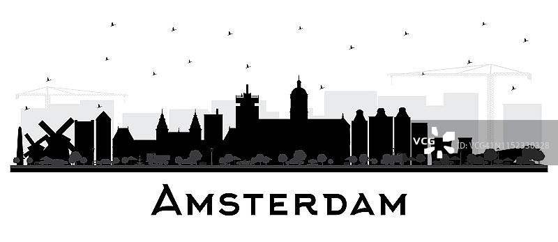 荷兰阿姆斯特丹城市天际线剪影与黑色建筑孤立在白色。图片素材