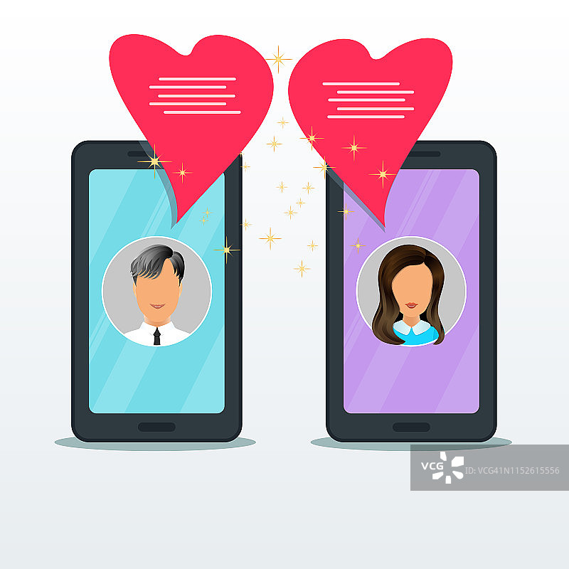 手机在线约会或爱情聊天的概念。两款平板智能手机，分别有男女图标和粉红色心形的对话泡泡语音短信。横幅，宣传设计模板图片素材