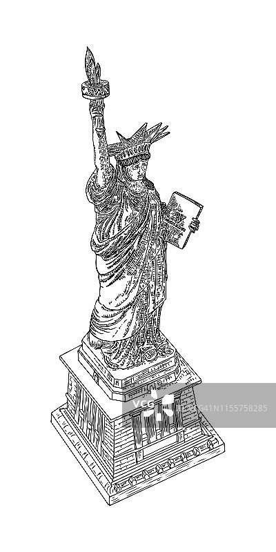 自由女神像手绘。美国纽约地标。独立日7月4日美国的象征。自由的象征和美国独立宣言。易于编辑图层。向量。图片素材
