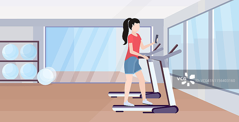 女人在跑步机上跑步，女孩使用智能手机，同时训练锻炼数字小工具成瘾概念现代健身房工作室室内平面全长水平图片素材