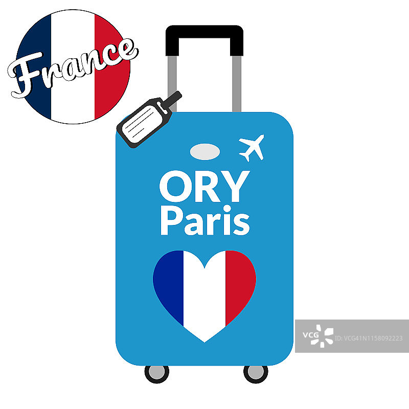 带有机场站代码IATA或位置标识和目的地城市名称Paris, ORY的行李。去法国旅游，欧洲概念。行李上有法国的心形国旗。图片素材