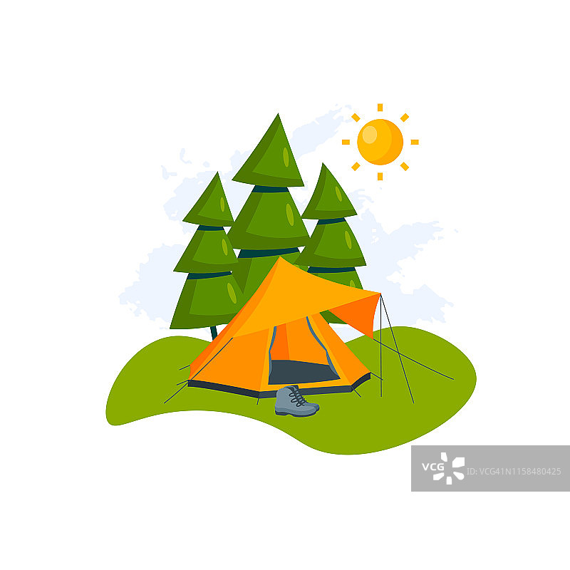 矢量橙色帐篷之间的树木在平坦的风格图片素材