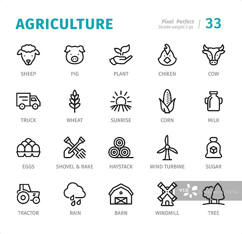 农业-像素完美的线条图标与标题图片素材