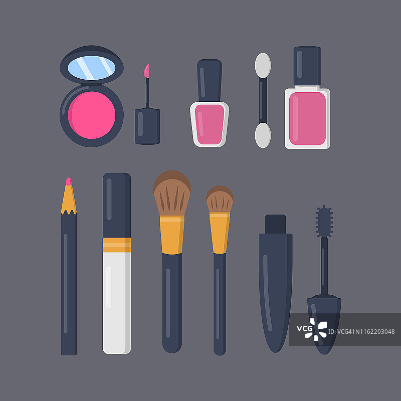 化妆化妆品的矢量图标在卡通风格。口红和润发油时装化妆系列。美容院和女性化妆品杂志插图。图片素材