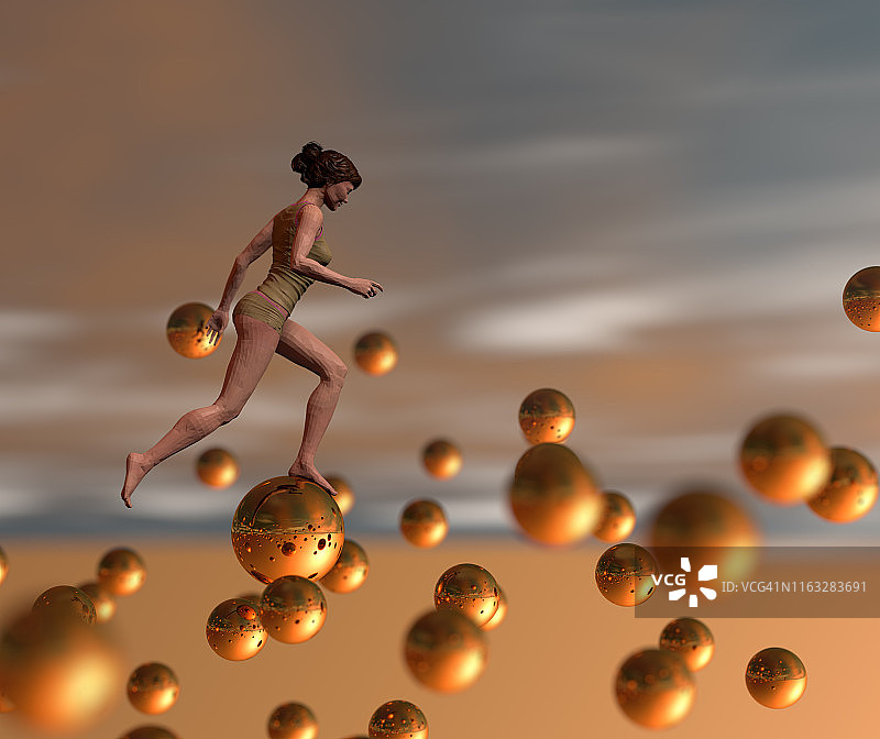 低聚女人运行在浮动球体上图片素材