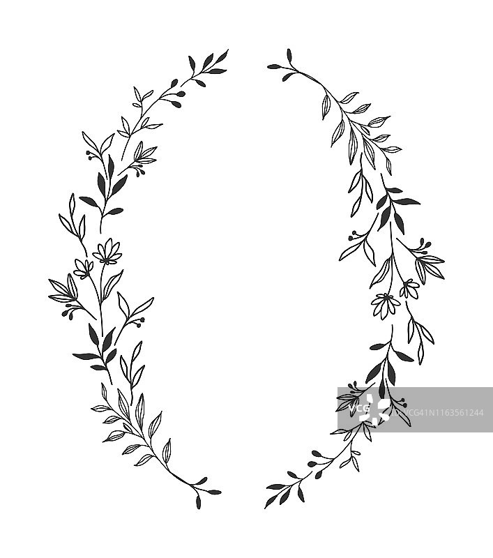 手绘花椭圆框架花环在白色的背景图片素材