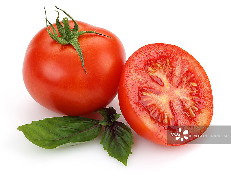 新鲜番茄和罗勒叶分离图片素材