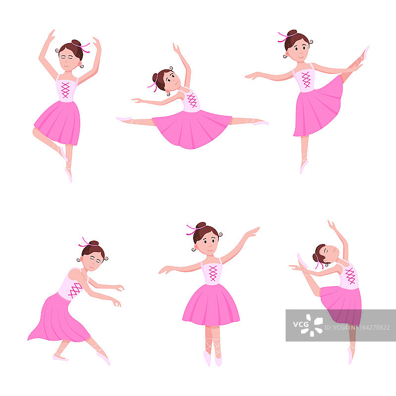 年轻美丽的芭蕾舞者设置穿着芭蕾舞裙和尖头鞋站在姿态平面风格设计矢量插图孤立在白色的背景。优雅年轻的古典芭蕾舞演员。图片素材