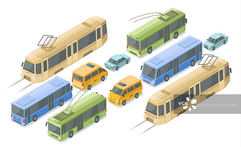 等距公共和客运交通矢量插图图标现代公共汽车，汽车和有轨电车或无轨电车图片素材