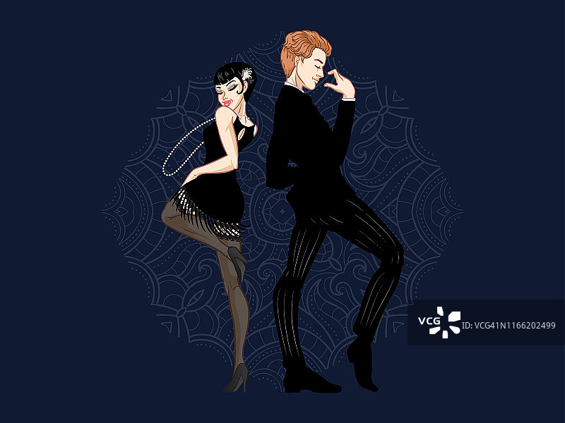 复古派对卡，男人和女人穿着20世纪20年代风格的舞蹈，摩登女孩英俊的男人在复古西装，二十岁，矢量插图图片素材