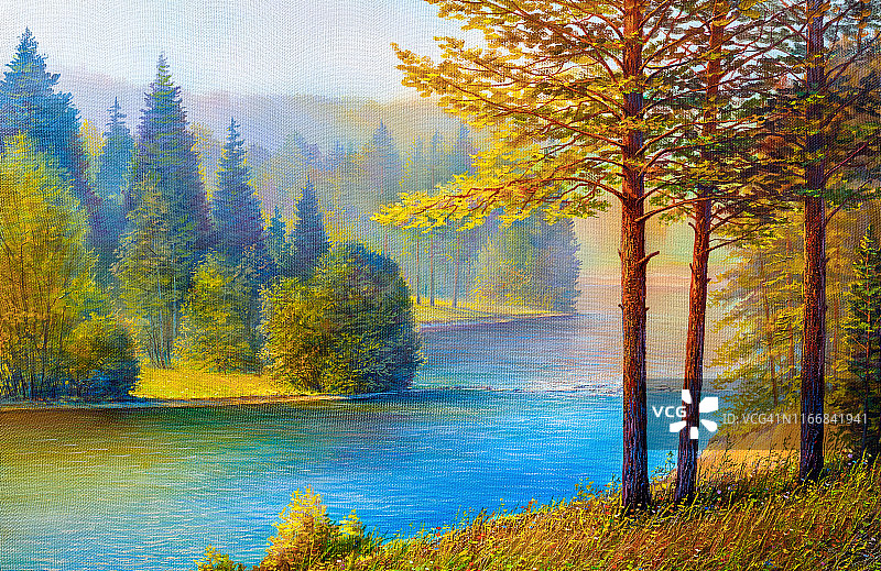 早晨的风景有松树和河流。图片素材