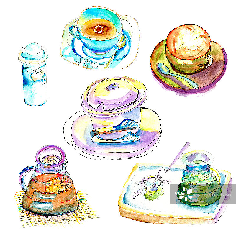 经典的蓝色咖啡杯，配有茶托、勺子和茶壶。水彩盘设置素描插图图片素材