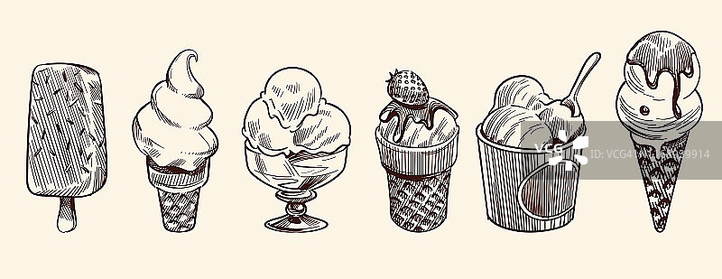 冰淇淋甜点。手绘黑色雕刻葡萄香美味在碗为餐厅孤立素描向量集图片素材