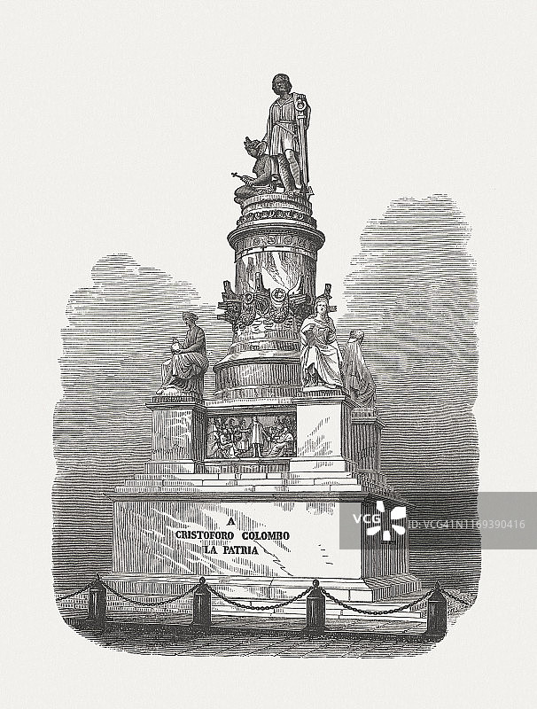 克里斯托弗·哥伦布纪念碑，热那亚，意大利，木刻，1876年出版图片素材