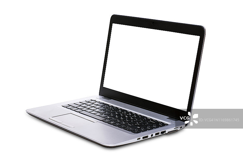 透视笔记本电脑与空白屏幕隔离在白色背景。此图像中包含的剪切路径。图片素材