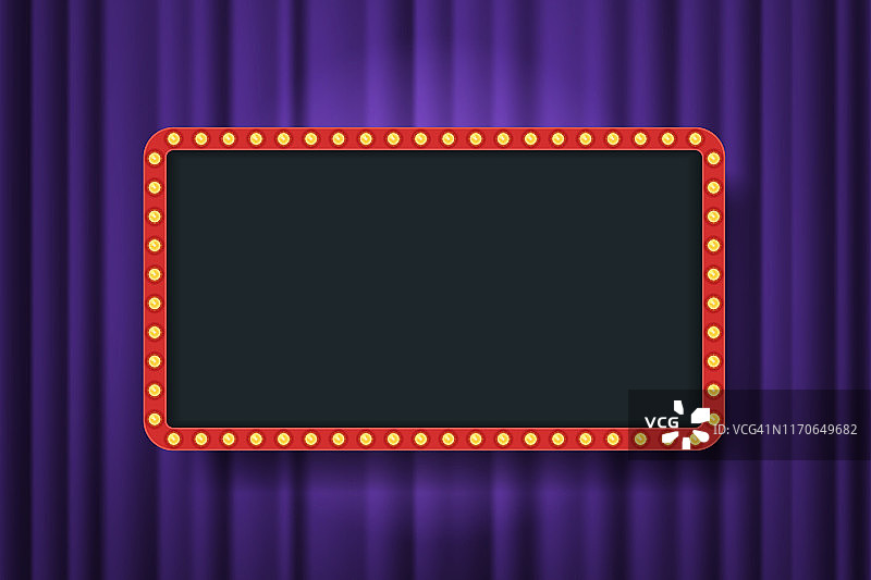 灯泡框架与空白的紫色剧院窗帘背景。矢量设计元素。文字、广告空间。空白模板图片素材