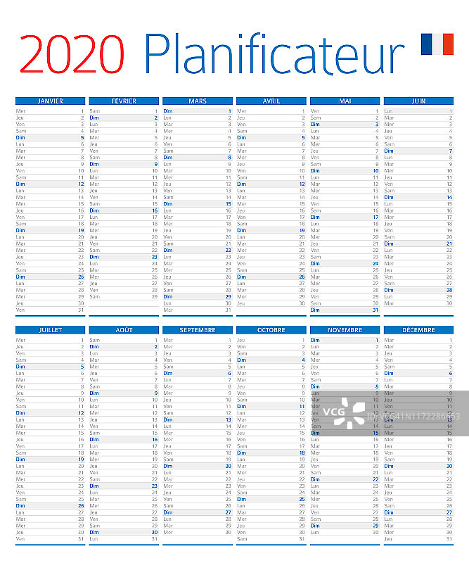 2020年日历规划师。法语版本图片素材