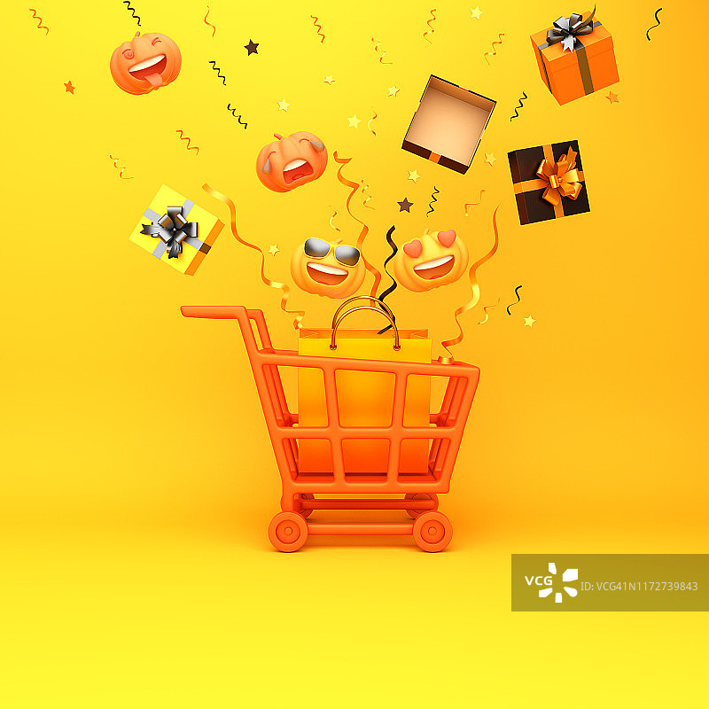 购物车，南瓜，礼盒，橙色背景的五彩纸屑。万圣节快乐庆祝节日设计创意概念。图片素材