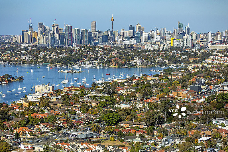 航空摄影的悉尼天际线城市景观，郊区和帕拉马塔河，澳大利亚图片素材