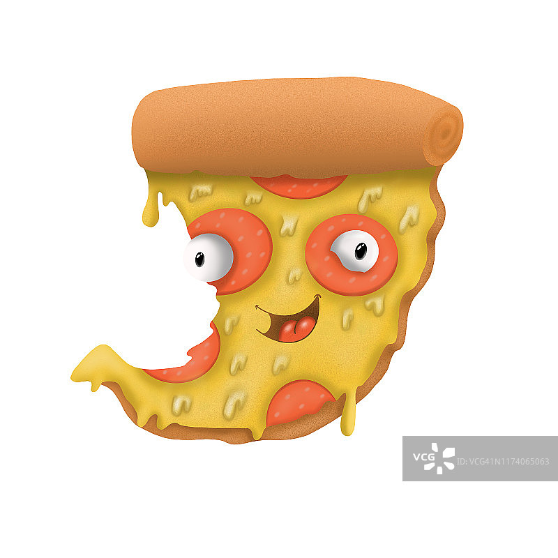 卡通披萨片与香肠在白色的背景，插图图片素材