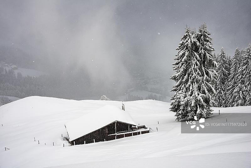 奥地利，蒂罗尔，布里克森，泰利尔，霍赫布里克森，下雪的山坡上被雪覆盖的小屋图片素材