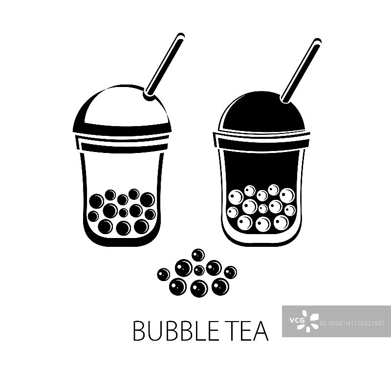 珍珠奶茶，黑白珍珠。台湾饮料。木薯。孤立的对象在白色背景矢量。图标茶饮料。平面向量。黑白的剪影。图片素材