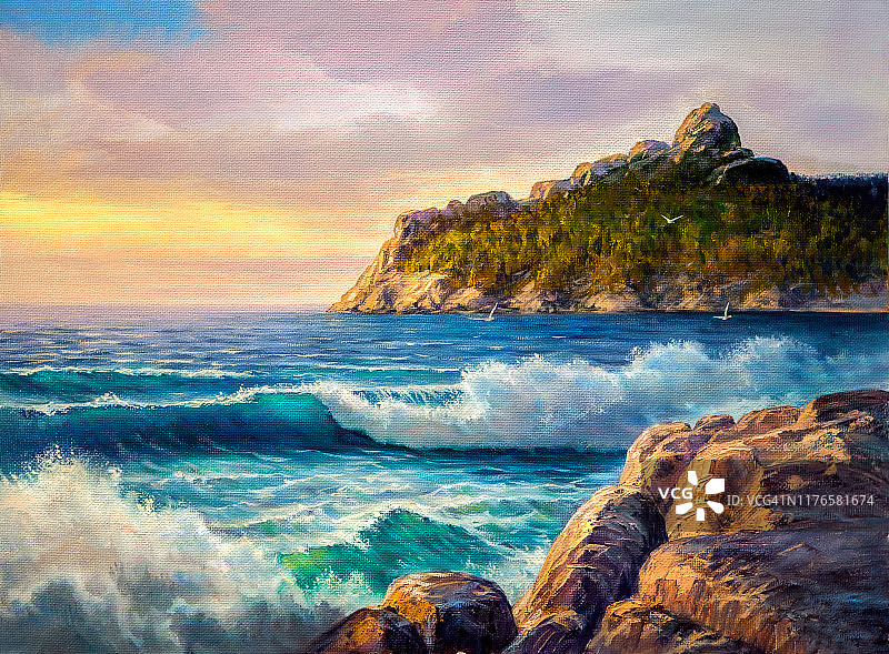 海上的日落，画布上的油画。图片素材
