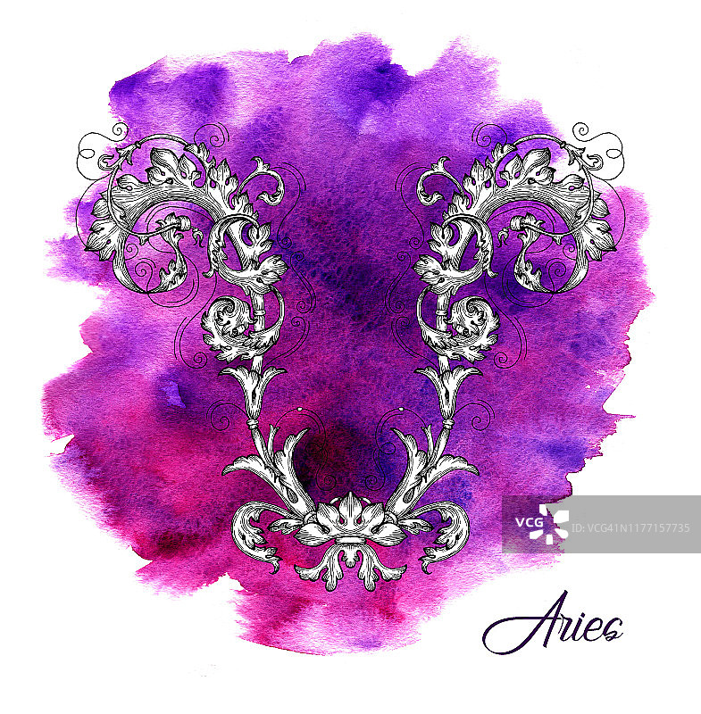 白羊座或羊星座在紫色水彩背景。图片素材