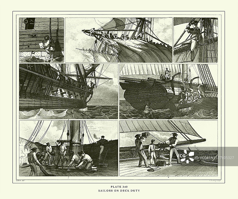 雕刻古董，水手在甲板上值班雕刻古董插图，1851年出版图片素材