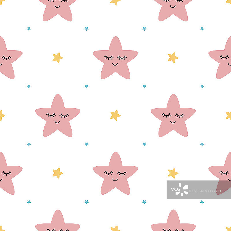 向量无缝模式睡觉粉红色星星在白色的背景可爱的儿童婴儿淋浴织物设计图片素材