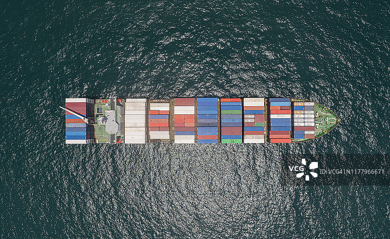 在海港或集装箱仓库鸟瞰集装箱船，工作起重机桥装集装箱用于物流，进出口，运输或运输。图片素材