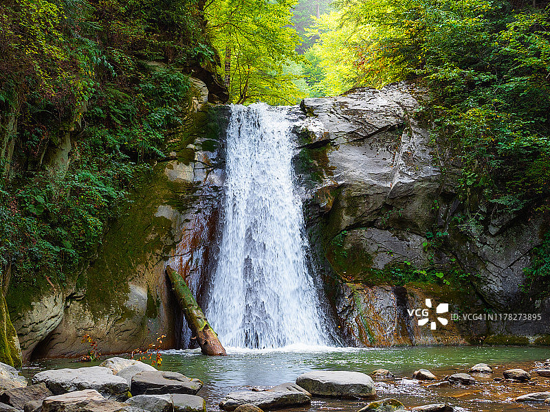 梦一般的瀑布隐藏在山在夏天的森林图片素材
