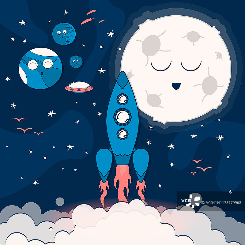 卡通图案与宇宙飞船在云中飞向外太空或月球。未来背景与行星，ufo，彗星和恒星。给孩子们的银河壁纸。图片素材