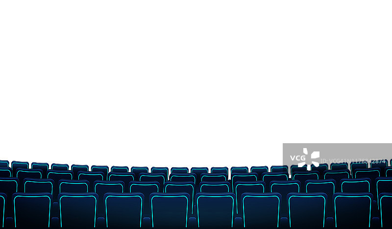 电影院大厅，白色的空白屏幕和椅子。3D现实一排排的蓝色椅子电影院的座位面对一个白色的屏幕背景。矢量平面设计与白色屏幕和一排排扶手椅。图片素材