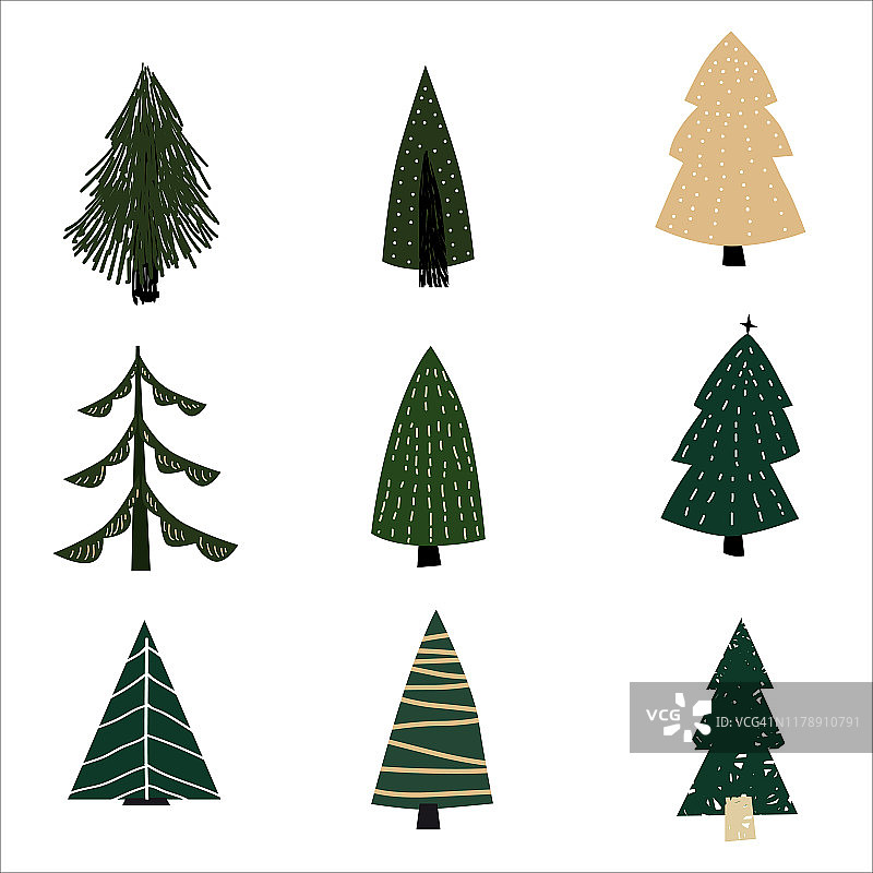 设置圣诞树冷杉树的图标。简单的涂鸦黑白色插图斯堪的纳维亚风格的设计和装饰纺织品，封面，包装，包装纸。向量孤立图片素材