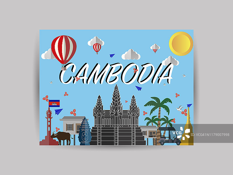 柬埔寨高棉国家城市天际线与旗帜，工艺矢量插图。丰富多彩的艺术、旅游场所主题城市景观、风景名胜、美丽的旅游背景卡片、海报。亚洲建筑,文化图片素材