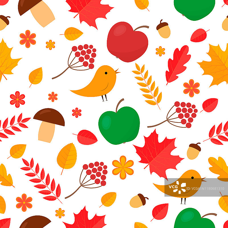 秋天无缝模式。秋天的叶子，花，浆果，橡子，鸟，蘑菇，苹果，孤立的白色。矢量背景的织物，纺织品，旗帜，包装纸，传单等。图片素材