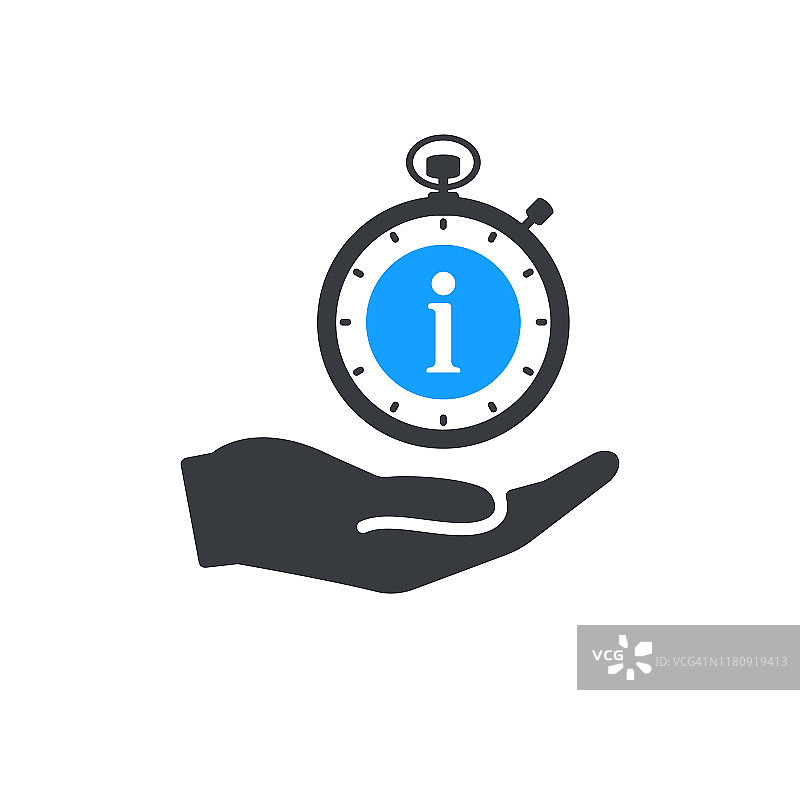 时间管理图标与信息标志，关于，常见问题，帮助，提示符号。手拿着秒表图片素材